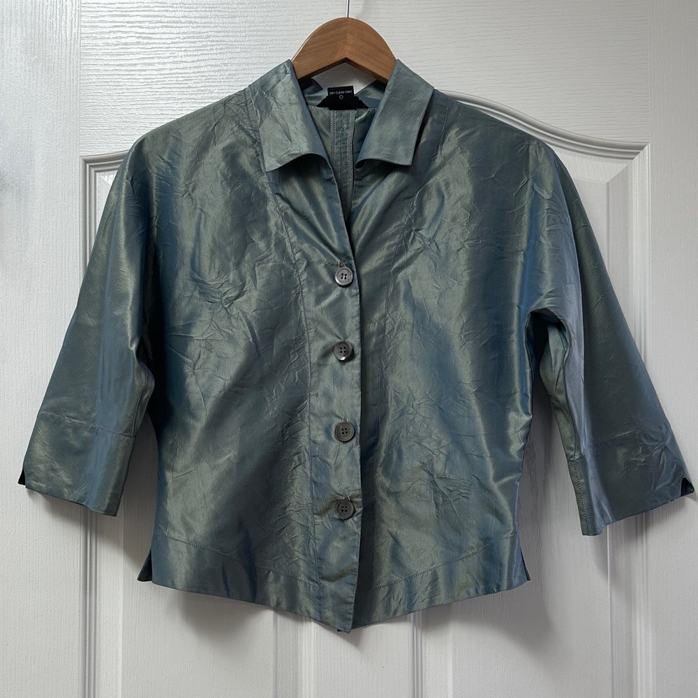 Rozae Nichols Slate Blue Metallic Cropped Blazer